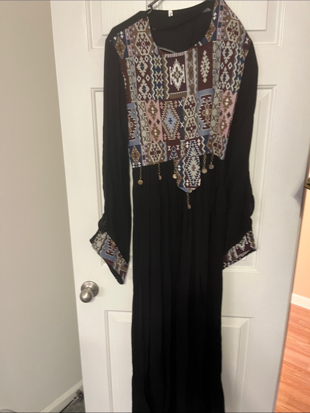 Black Long Sleeve Maxi Dress with Embroidered Patchwork Yoke